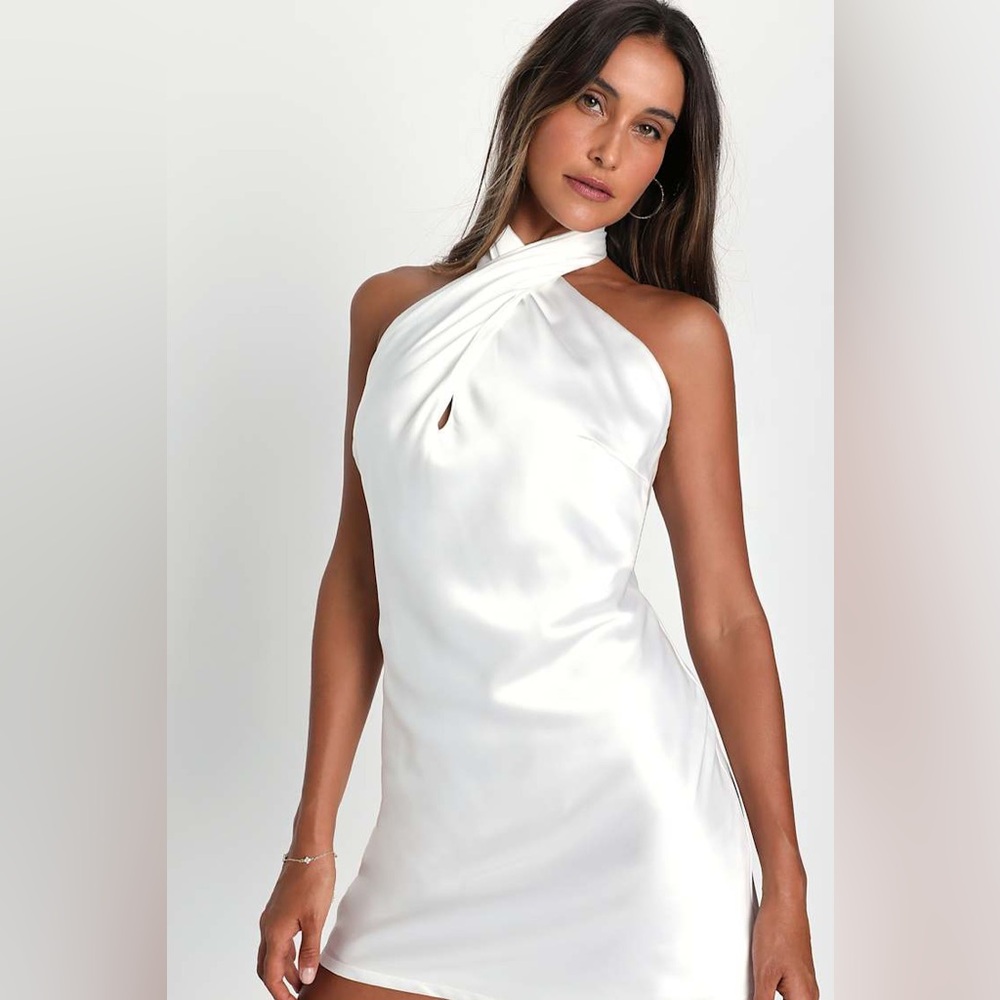 Lulu's Beyond Classy White Satin Halter Mini NWT